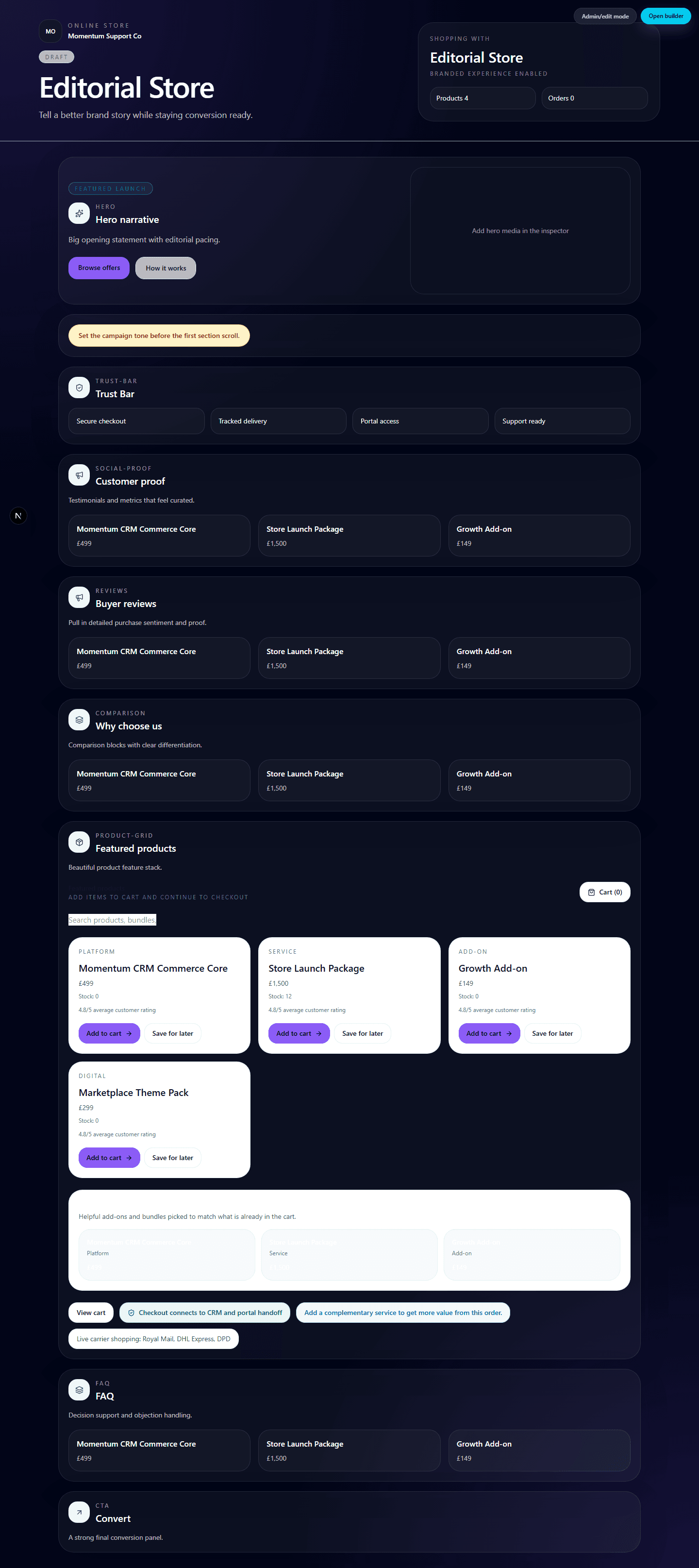 Hosted storefront screenshot